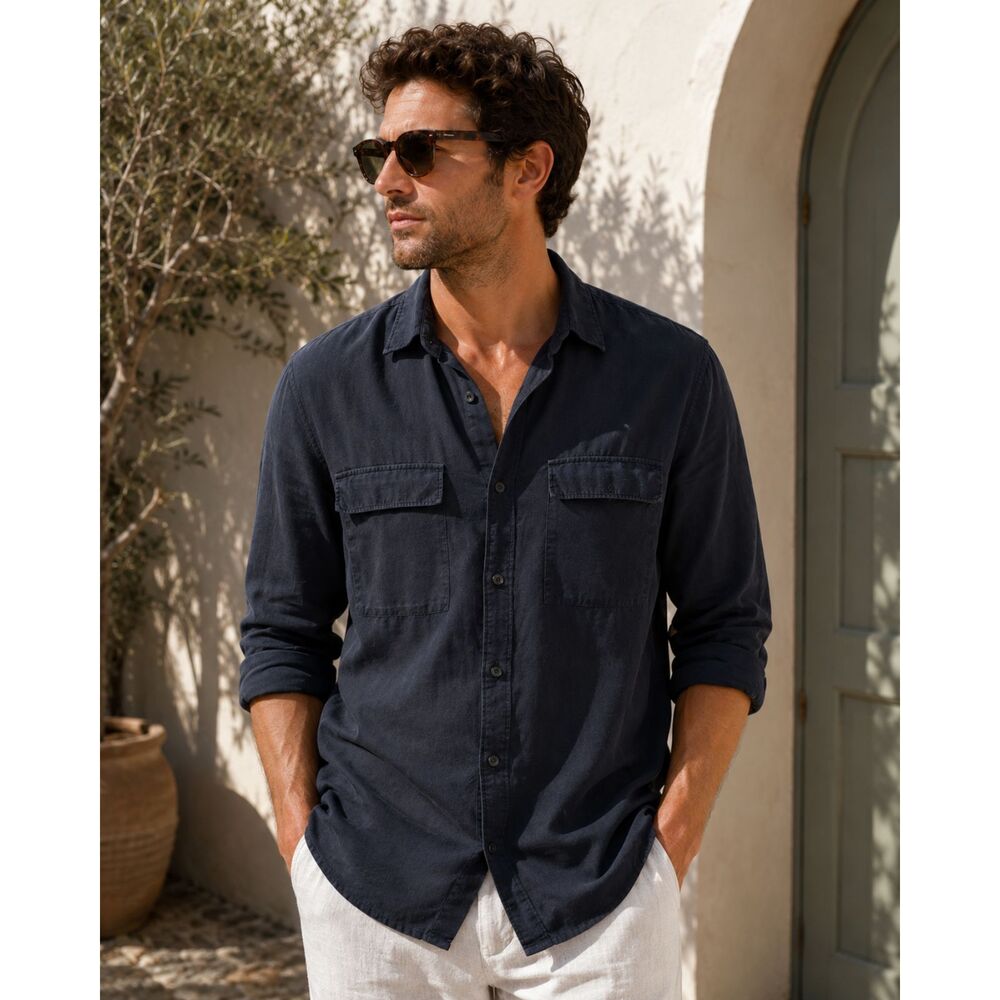 Mango MNG Men's Navy Tencel Linen Button Up Shirt Size L
